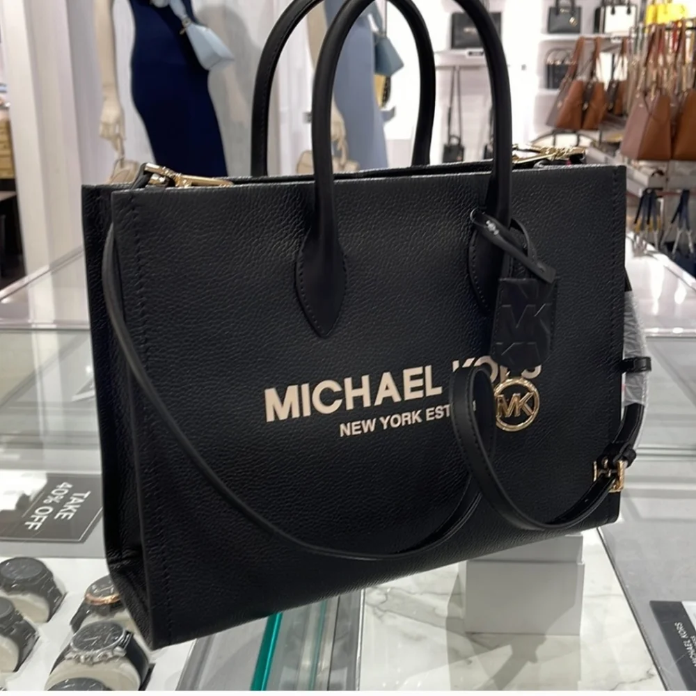 Michael Kors Medium Mirella  Tote Bag Black Embossed Leather NWT - Picture 12 of 16